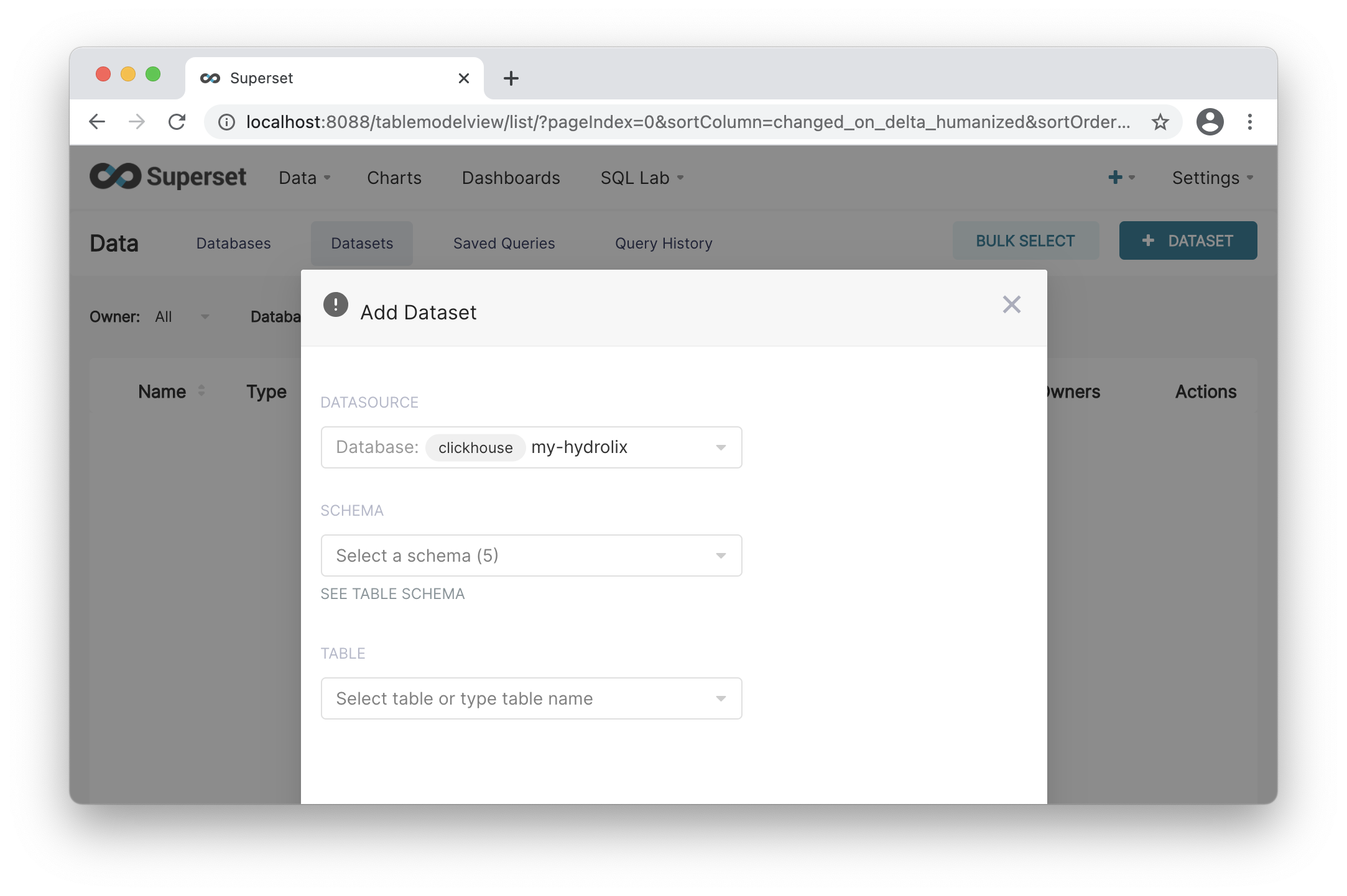 Selecting a Hydrolix-based datasource